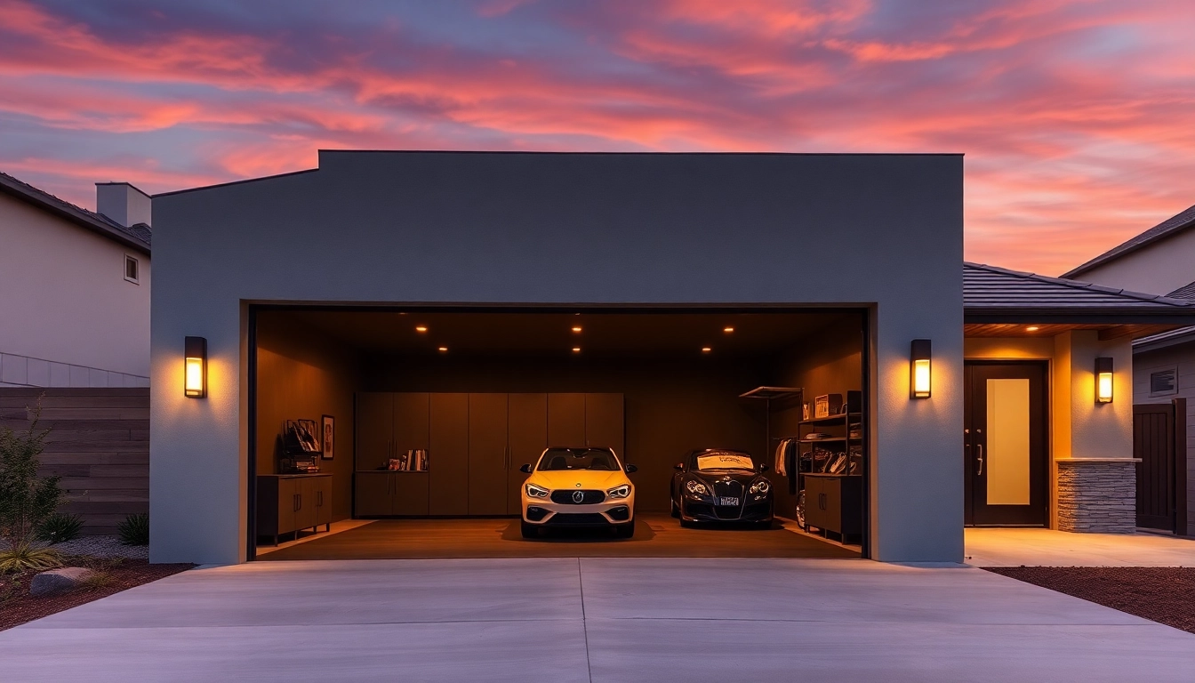 Showcase custom garages with modern design featuring sleek lines and quality exterior finishes.