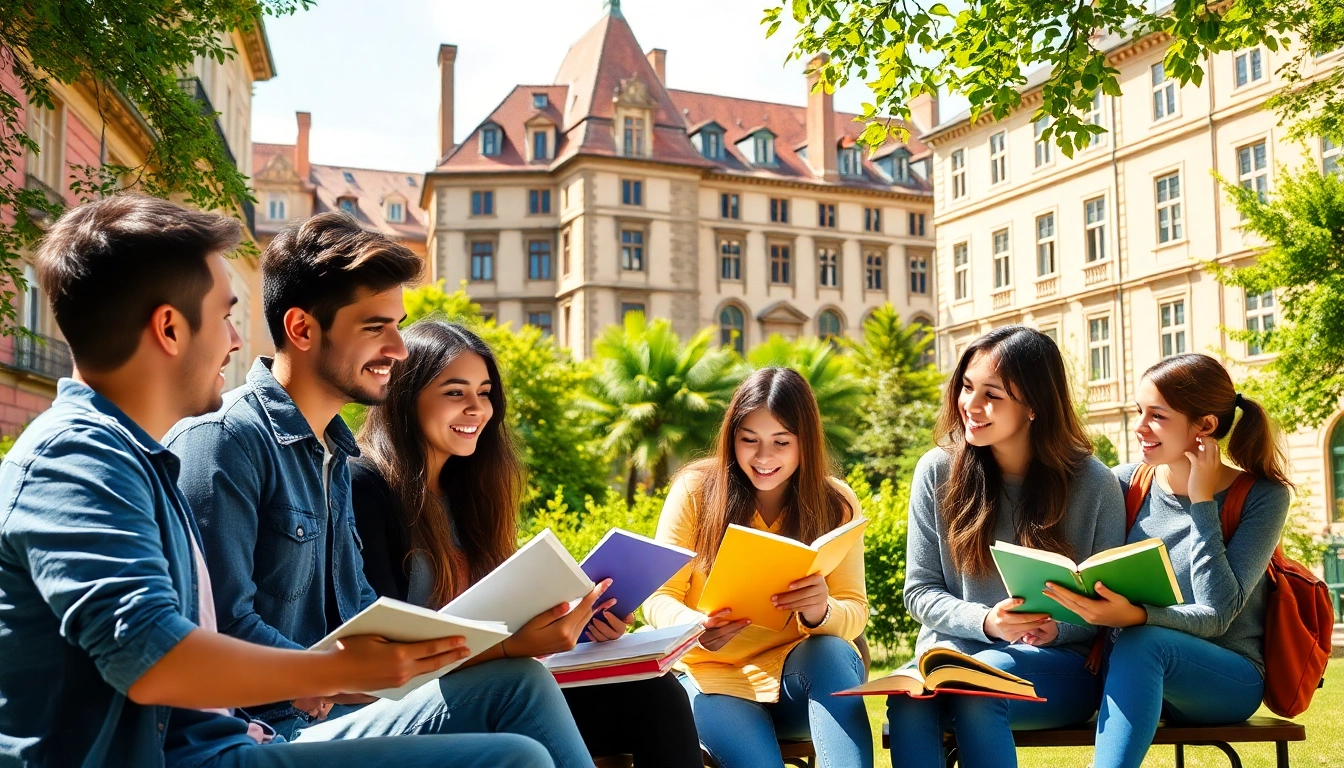 Students engaged in Avrupa'da Üniversite Okumak with picturesque campus backdrop.