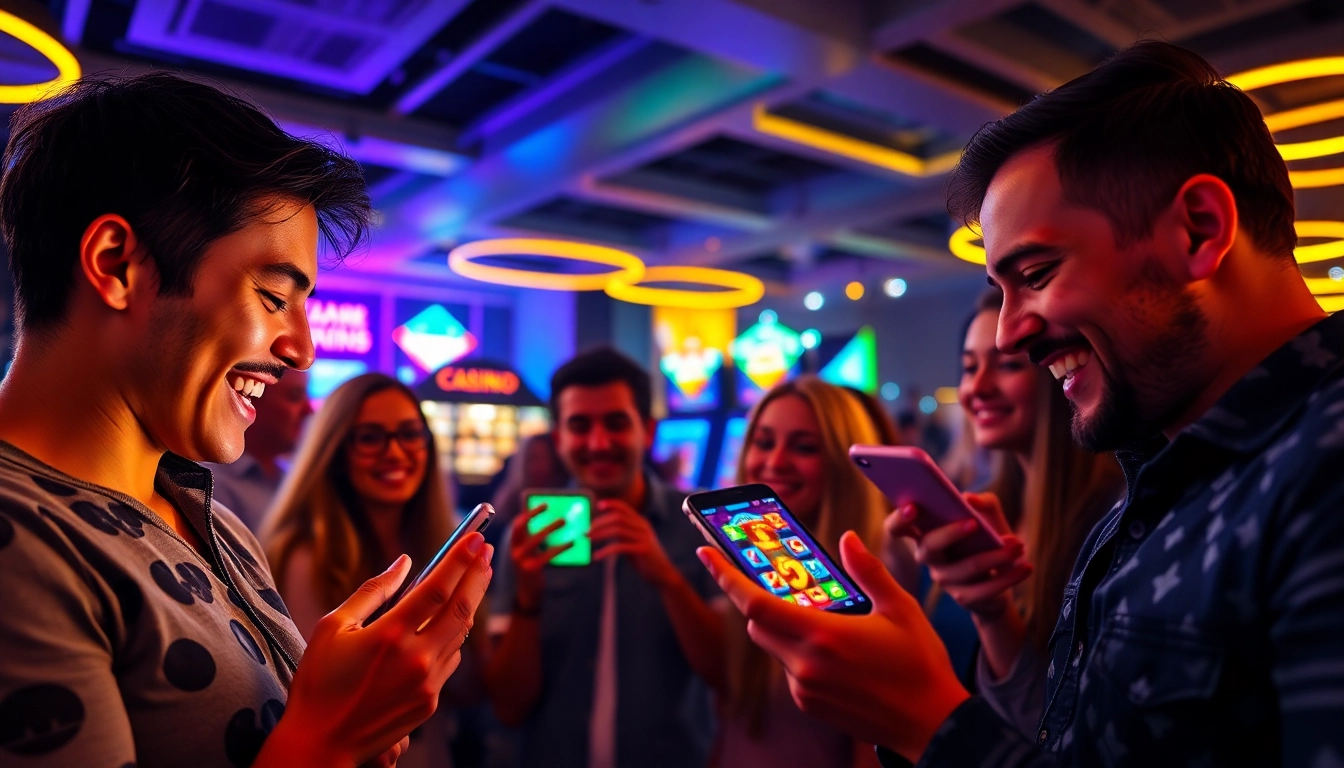 Players engaging with the best Casino App on their phones, surrounded by vibrant casino graphics and games.