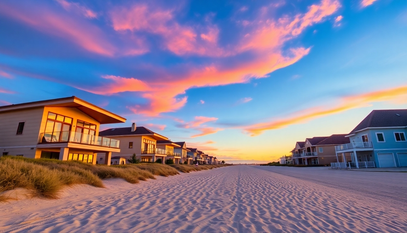 Showcase beautiful vacation rentals for sale along a serene beach, highlighting sunset colors.