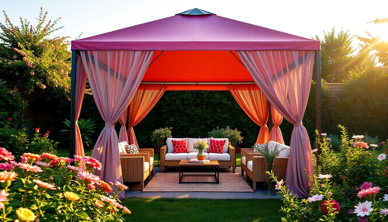 Brightly colored gazebo in Ireland, set in a beautiful garden, providing perfect outdoor relaxation.