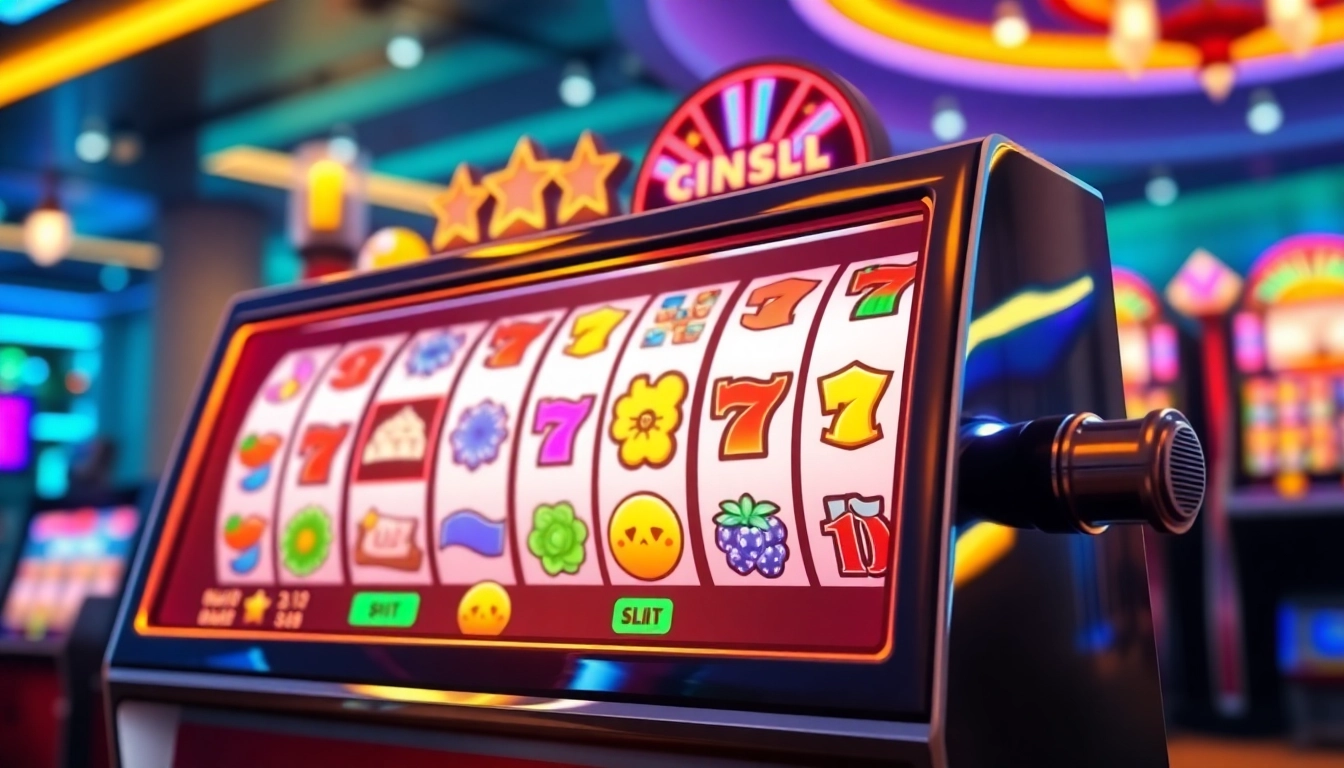 Experience the thrill of สปินฟรี with vibrant slot symbols illuminating the casino atmosphere.