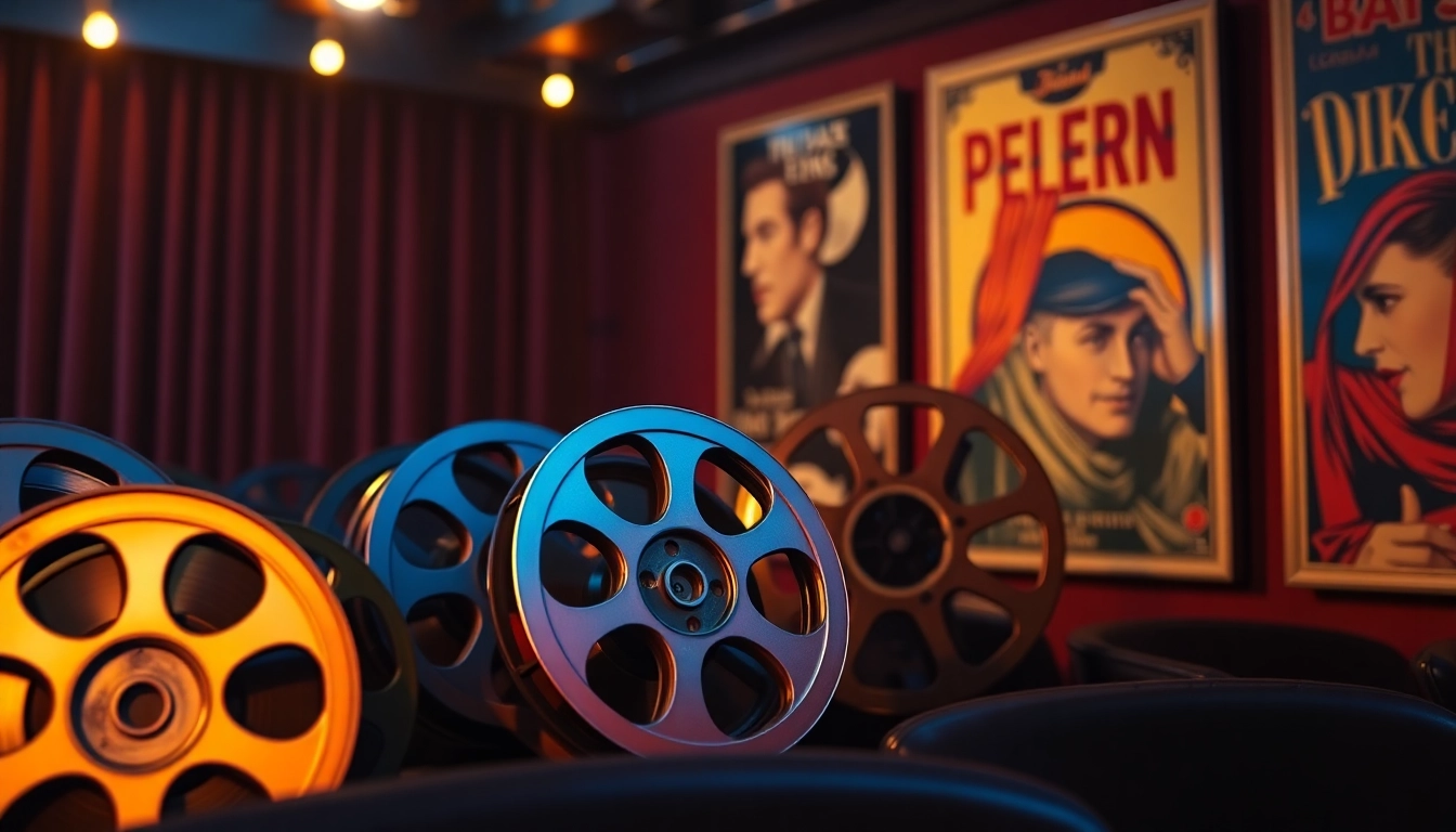 Showcasing vintage public domain films through classic film reels and nostalgic posters in a cozy cinema.