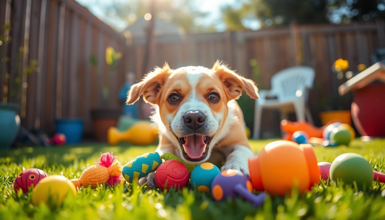 Dog playing with colorful pet toys in a sunny backyard, showcasing fun and engagement.