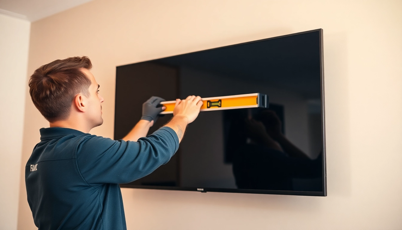 Quality TV mounting installation service performed by a technician, showcasing precise alignment.