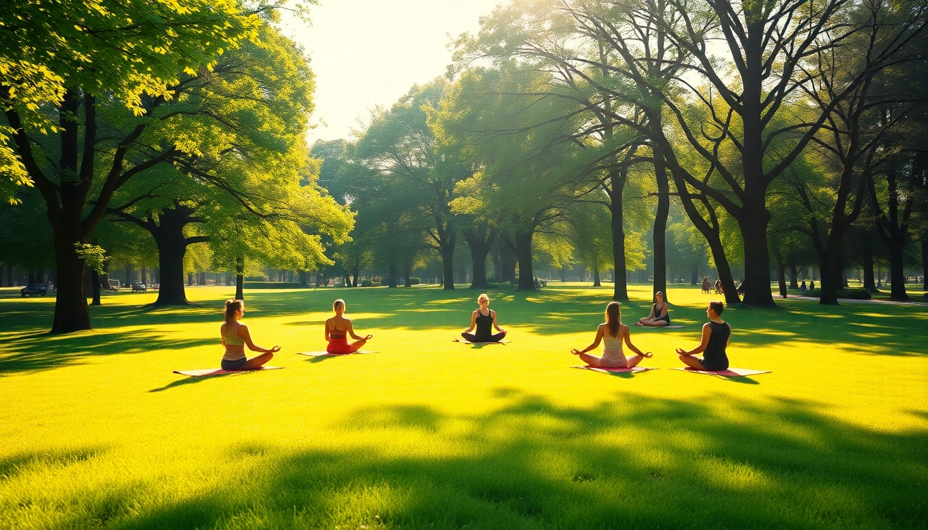 Promote health through people practicing yoga in a serene park setting.