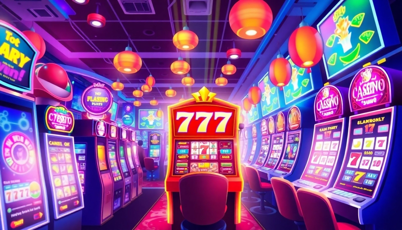 Play สล็อต777 at a lively online casino with colorful machines and vibrant graphics.