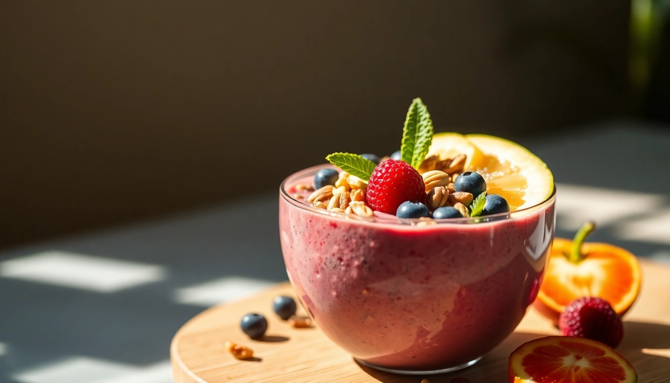 Postworkout smoothie bowl showcasing vibrant fruits and nuts for recovery nutrition.