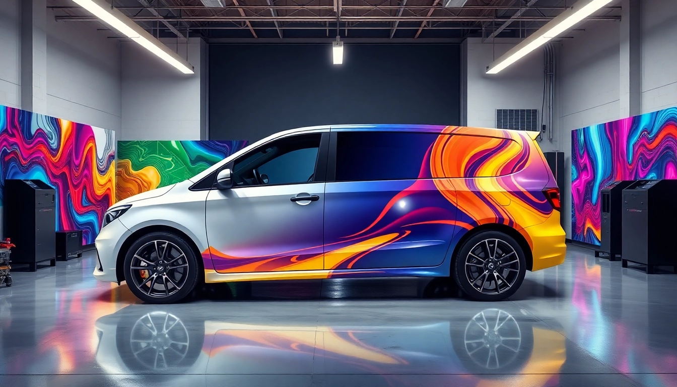 Offering Full Wrap Services with stunning, custom vinyl graphics on a vehicle, showcasing vibrant colors and unique designs.