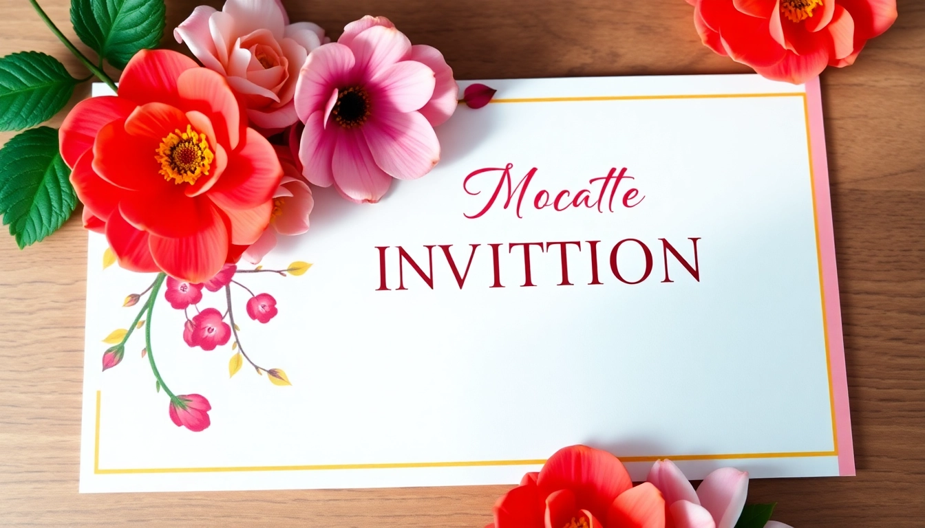 Create a beautiful invitation with floral designs and modern typography for an event.