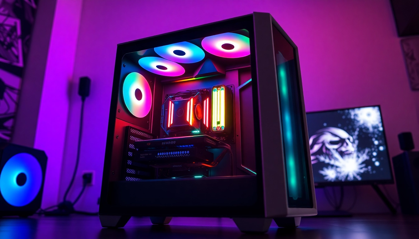 Showcase PC CASE Supplier's latest models with RGB lighting and sleek designs in a captivating gaming environment.