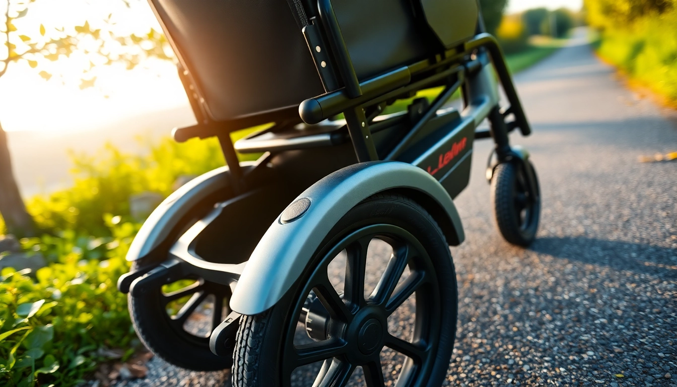 Person maneuvering an electric wheelchair through a picturesque park, demonstrating its ease of use and agility.
