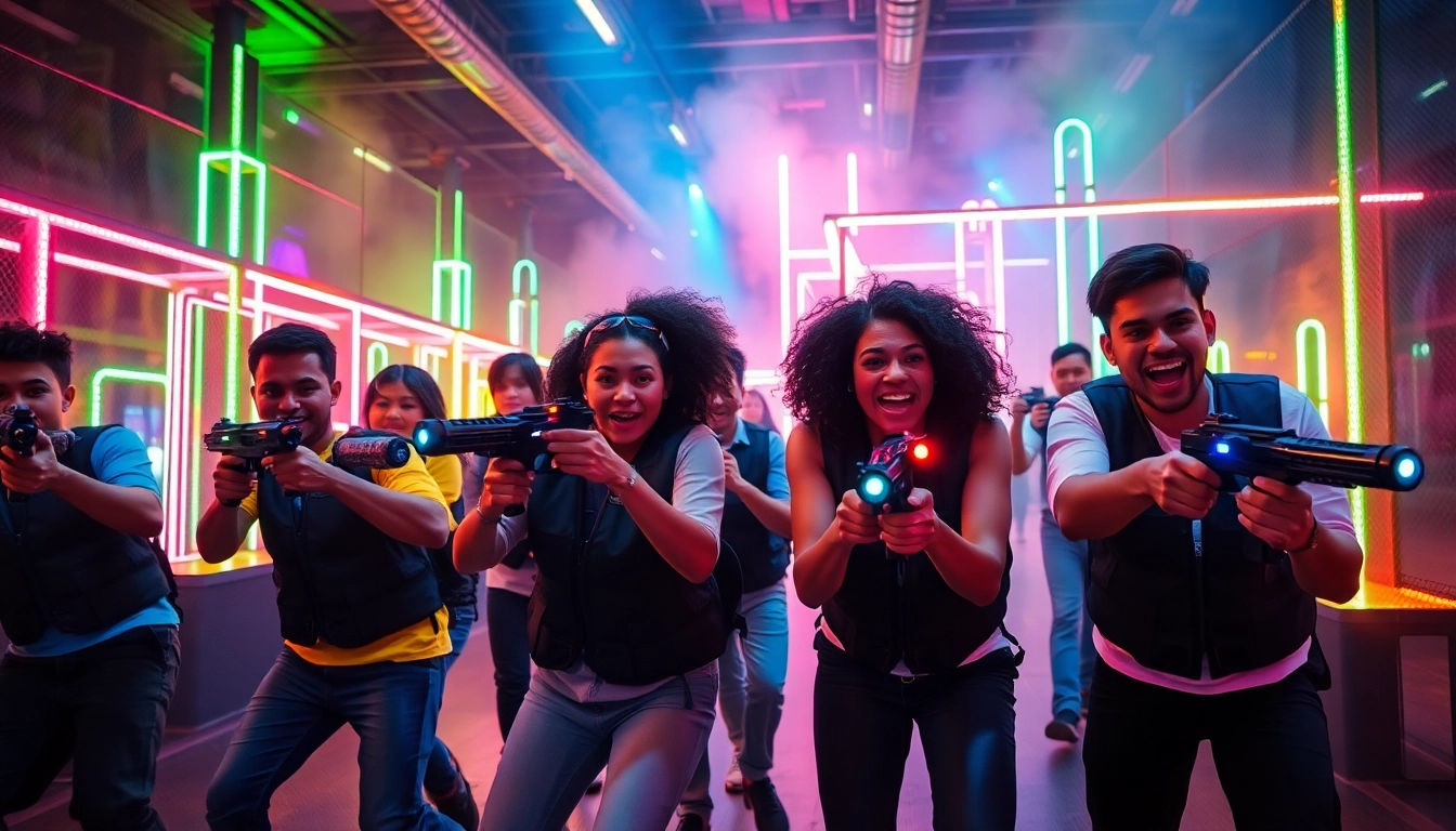 Exciting laser tag game scene with diverse players actively engaged in a high-tech arena.