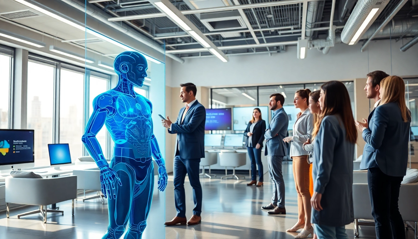 Engaging scene of professionals interacting with AI technology, illustrating a crush on AI's potential.