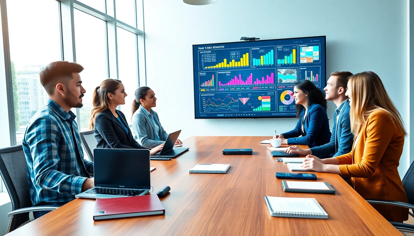 Brainstorming innovative trade marketing strategies with a diverse team in a vibrant office.