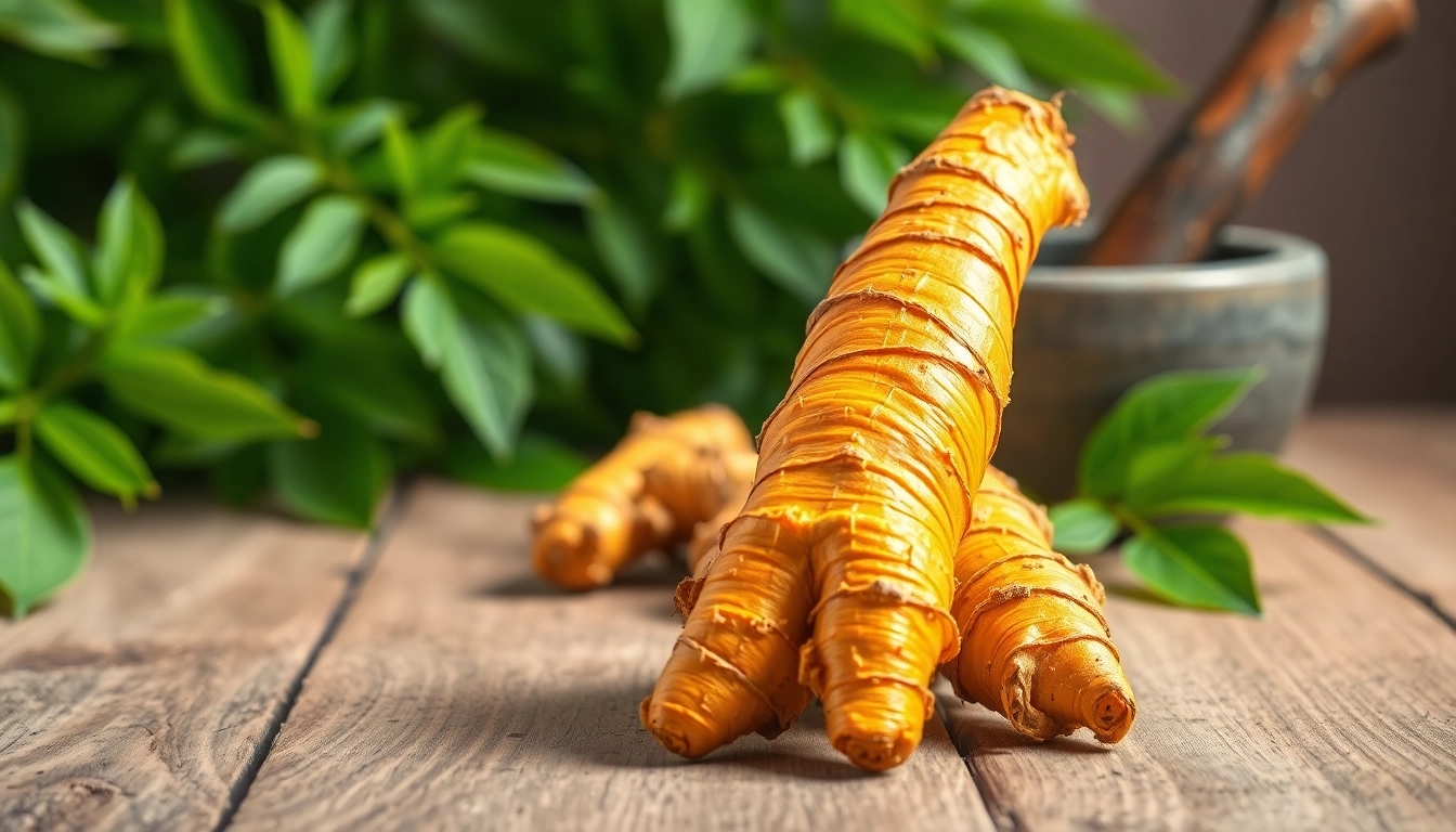 Showcasing turmeric root on a rustic table with fresh green leaves, emphasizing its vibrant color.