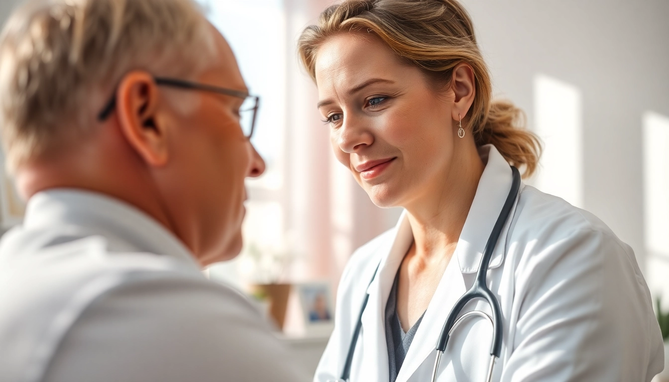 Patient discussing the Fett-weg Spritze treatment in a bright, welcoming clinic environment.
