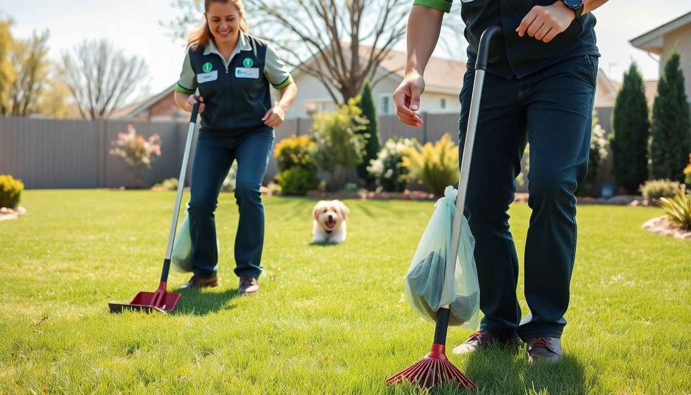 Providing a dog clean up service with professionals cleaning a yard, showcasing their tools and cheerful demeanor.