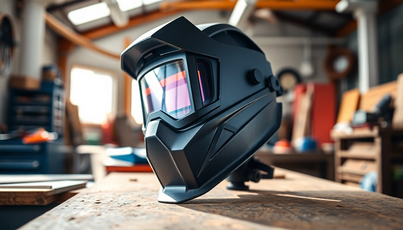 Welding mask prominently displayed with auto-darkening feature in a bright workshop setting.