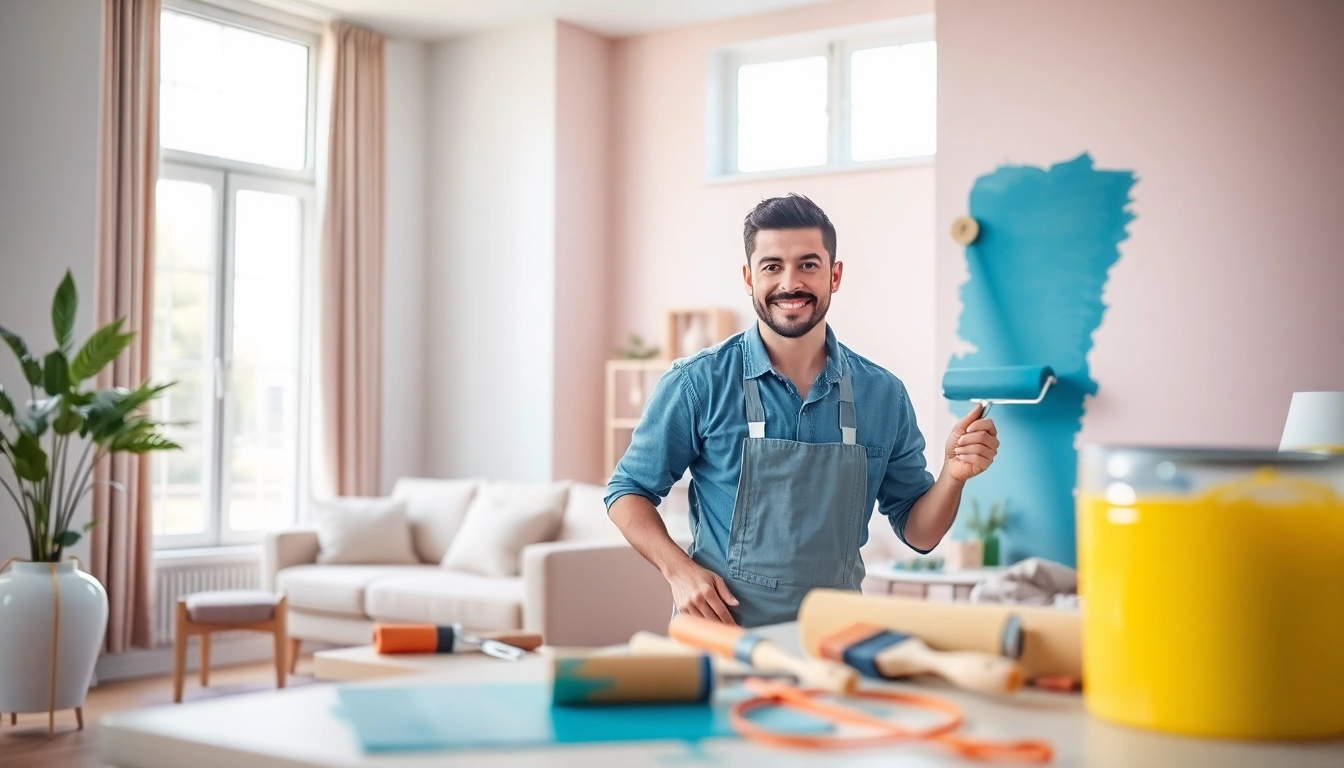 Interior painting scene featuring a painter refreshing a living room with vibrant colors.