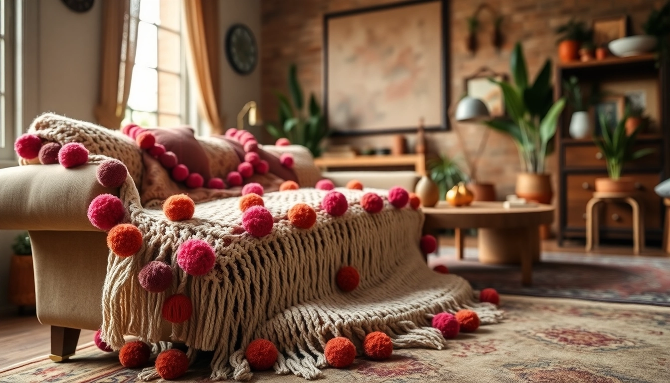 Snuggle up with the gorgeous Moroccan pompom blanket available at https://labboho.com/collections/pompom-blanket, showcasing colorful accents.