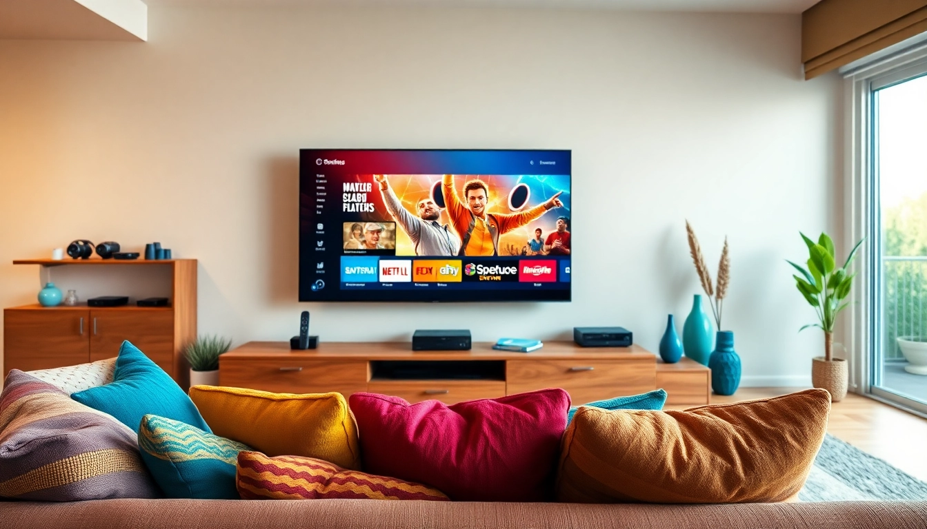Stream IPTV Subscription USA in a modern living room with vibrant streaming options.