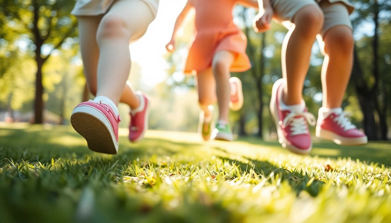Entdecken Sie minimalistische Kinderschuhe, die von Kindern beim Spielen in einem Park getragen werden.