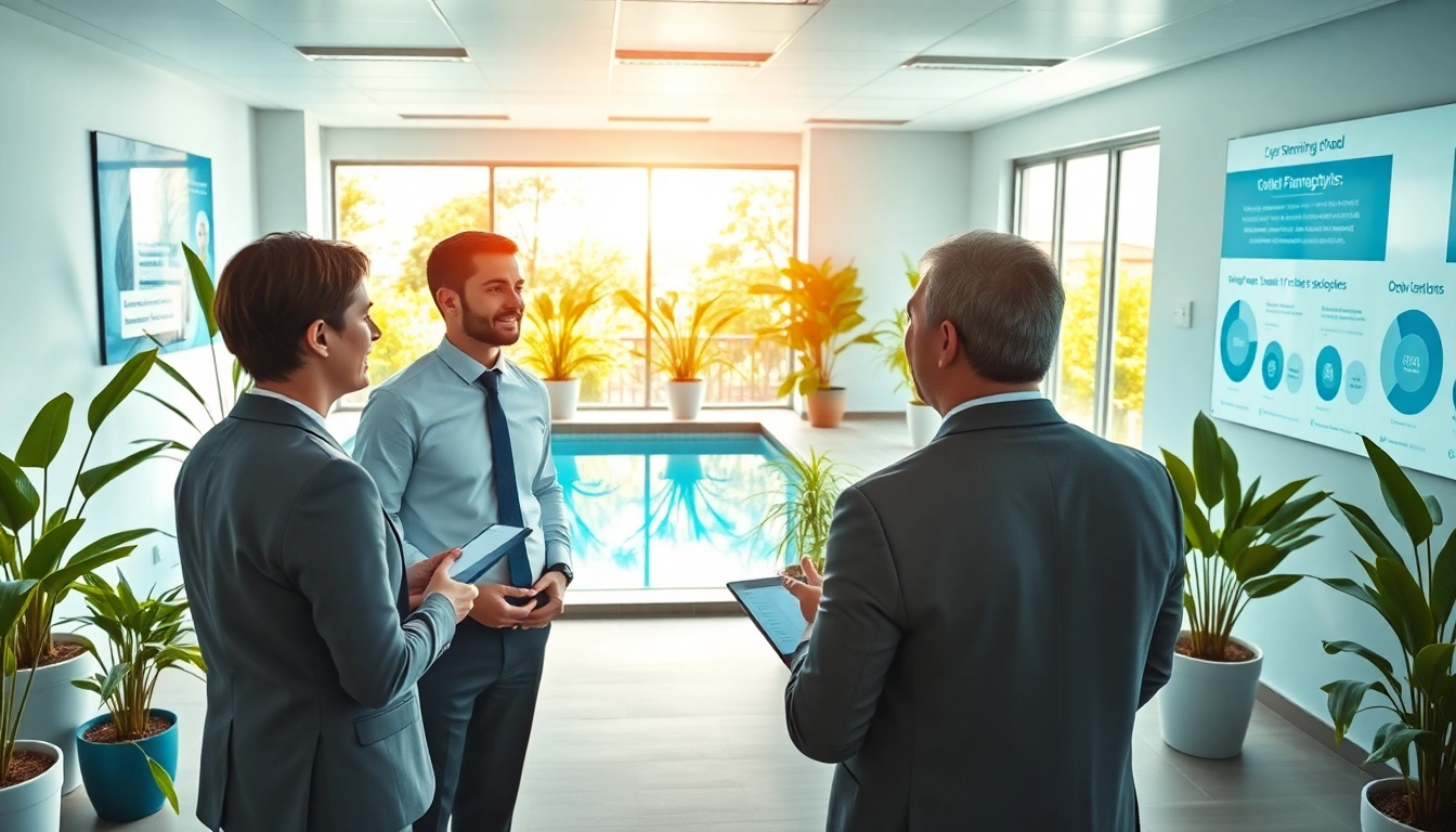 Facilitating swimming pool financing with a consultant in a modern office setting.