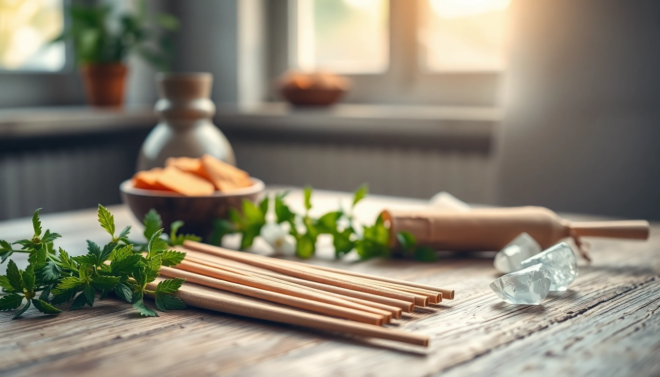 Incenses for cleansing displayed with herbs and crystals for a calming atmosphere.