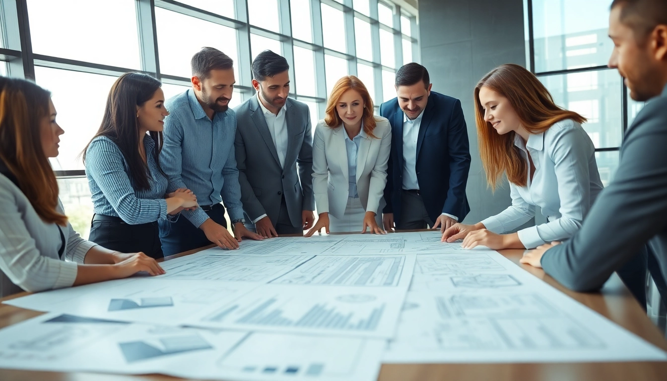 Engaging professionals reviewing NVQ level 7 senior construction management answers in a modern office.
