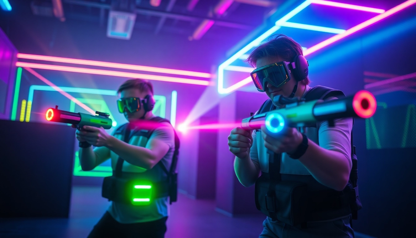 Engaging laser tag players in a neon-lit arena showcasing action and excitement.
