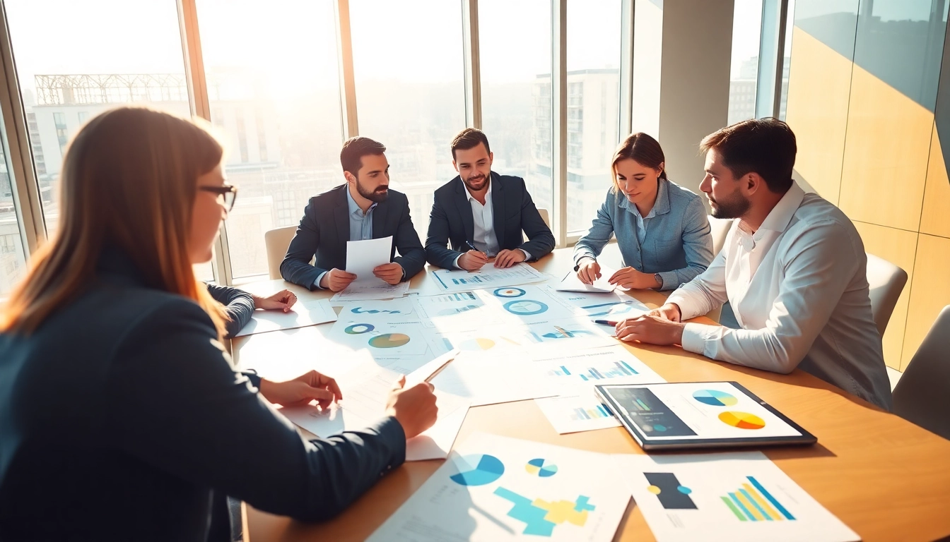Analyze trade marketing strategies during a vibrant team meeting in a modern office setting.
