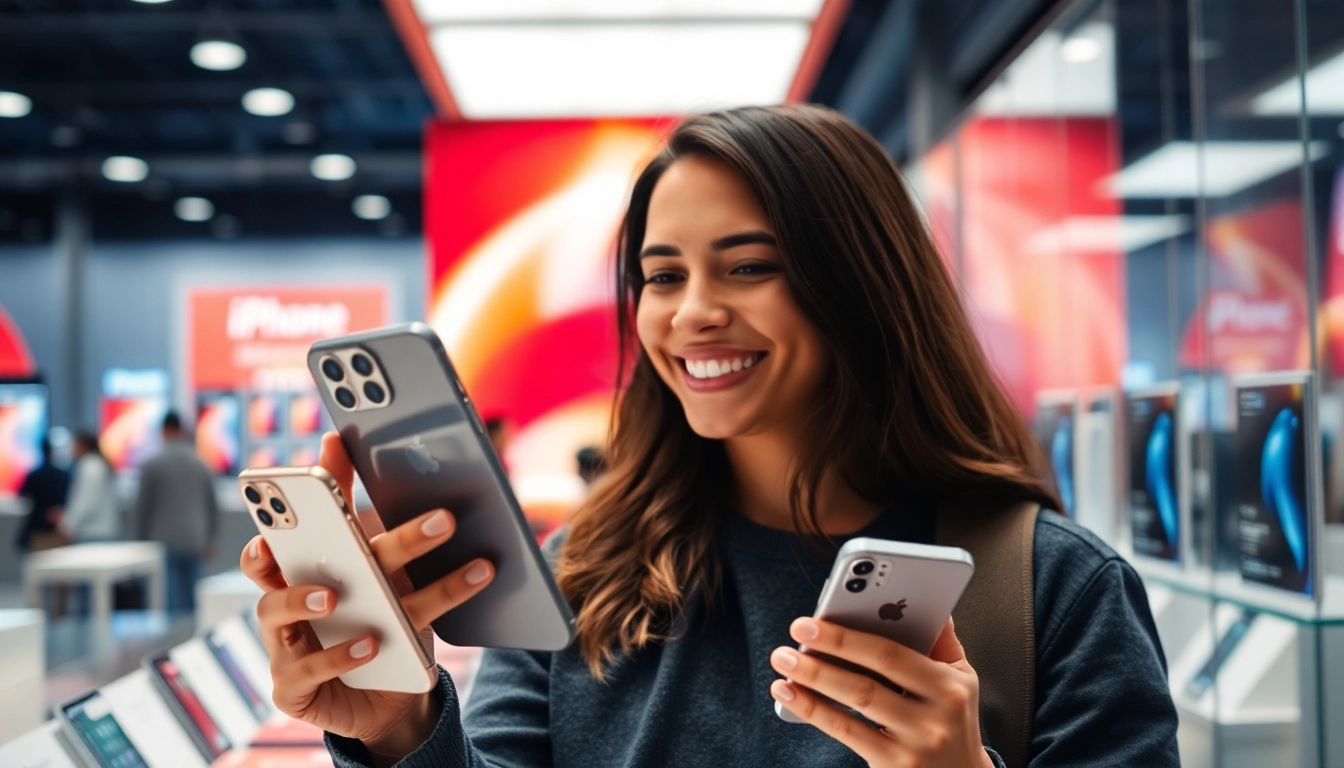 Engage to buy iPhone while examining the latest model in a vibrant electronics store.
