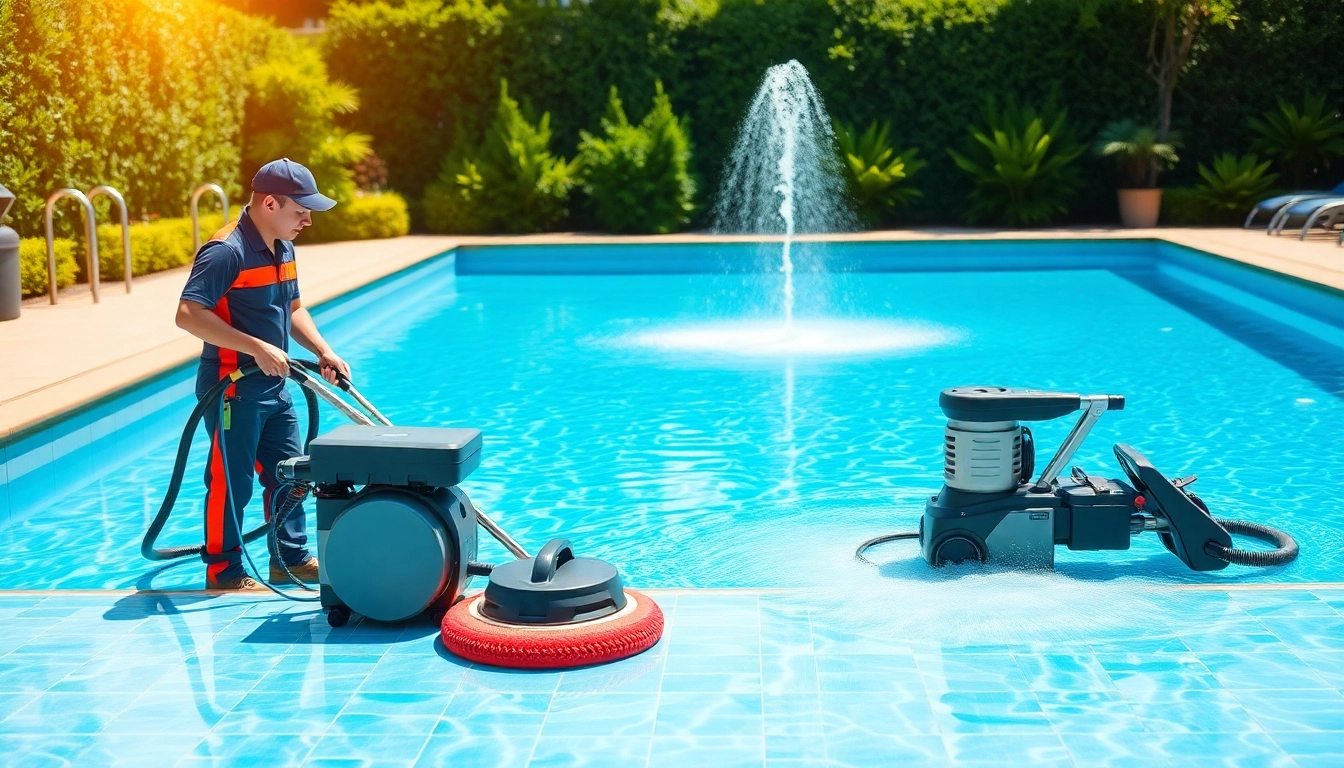 Hire reliable pool cleaning service near me with expert technicians in a sparkling pool setting.