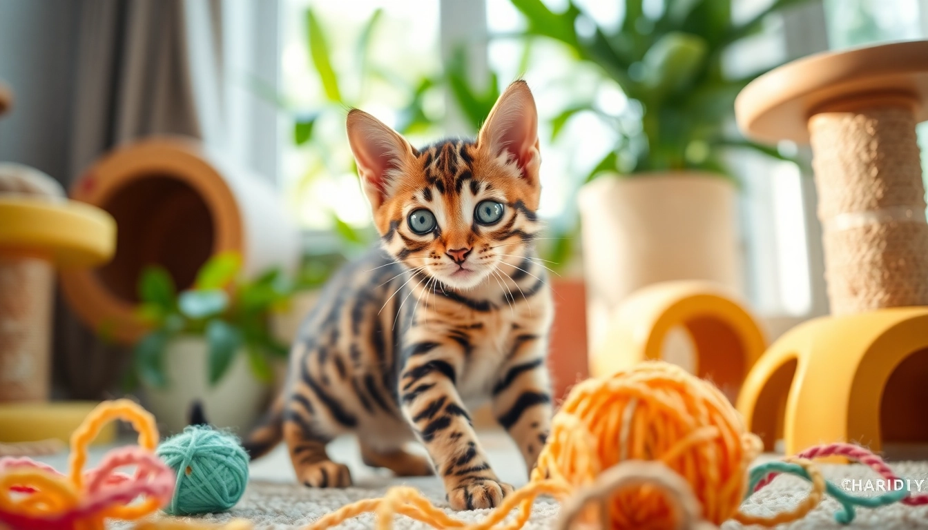 Engaging Bengal Kittens for Sale displayed in a cozy home setting with vibrant toys.