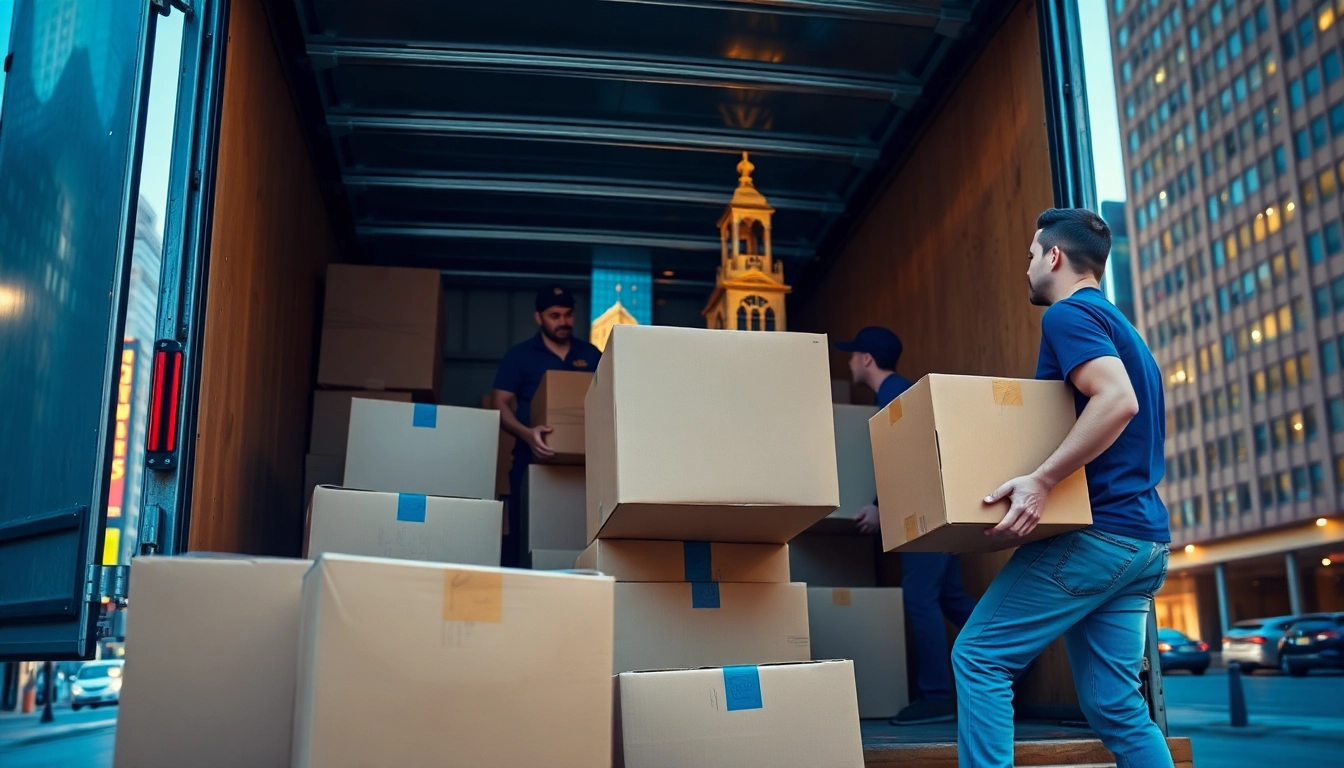 Cheap movers nyc efficiently loading boxes into a truck in the vibrant NYC skyline.