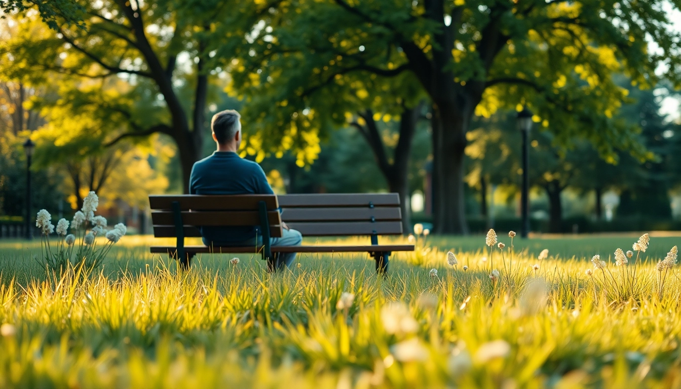 A peaceful scene showing someone dealing with grief, reflecting on memories in a tranquil park setting.