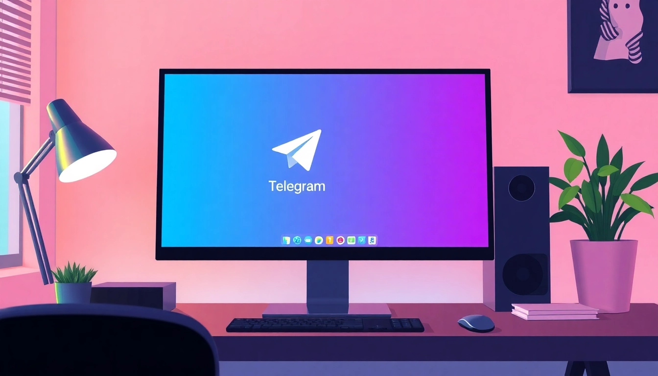 Access the Telegram下载电脑版 app on a laptop in a vibrant home office setup with clarity.