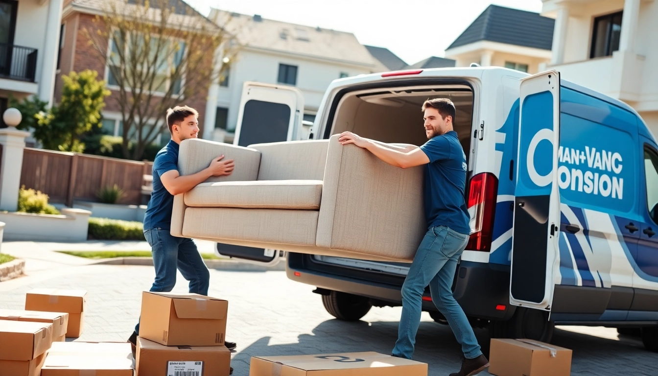 Action-packed man and van moving scene showcasing professional movers lifting a sofa with care.