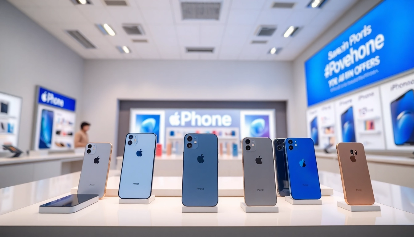 Shop to buy iPhone models displayed in a bright store setting with promotional banners.