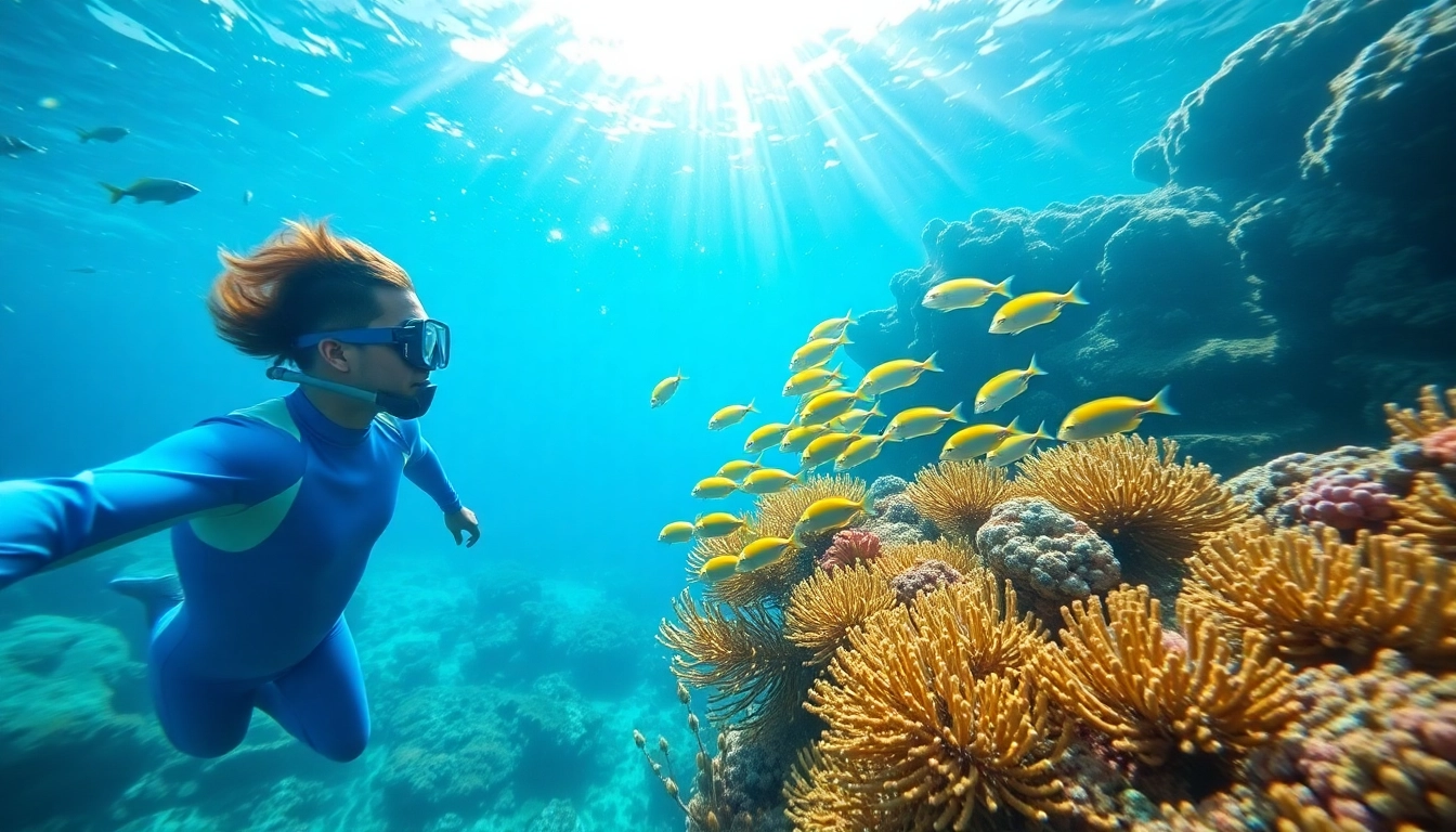Snorkeling Puerto Rico scene with a snorkeler surrounded by coral reefs and tropical fish.