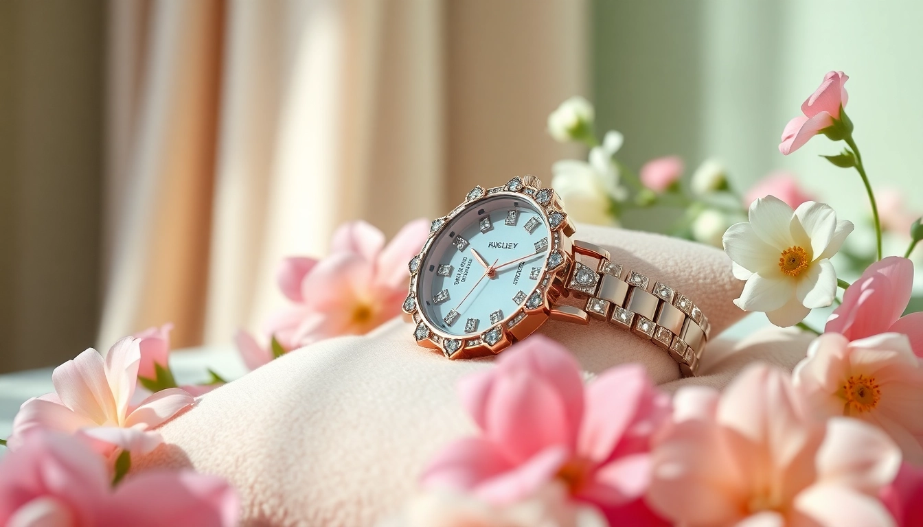 Damen Armbanduhr auf einem eleganten Samtkissen mit floralen Akzenten präsentiert.