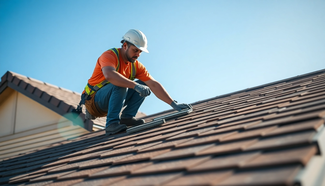 Roofer services Prescott valley depicting a professional roofing expert installing new shingles on a residential home.