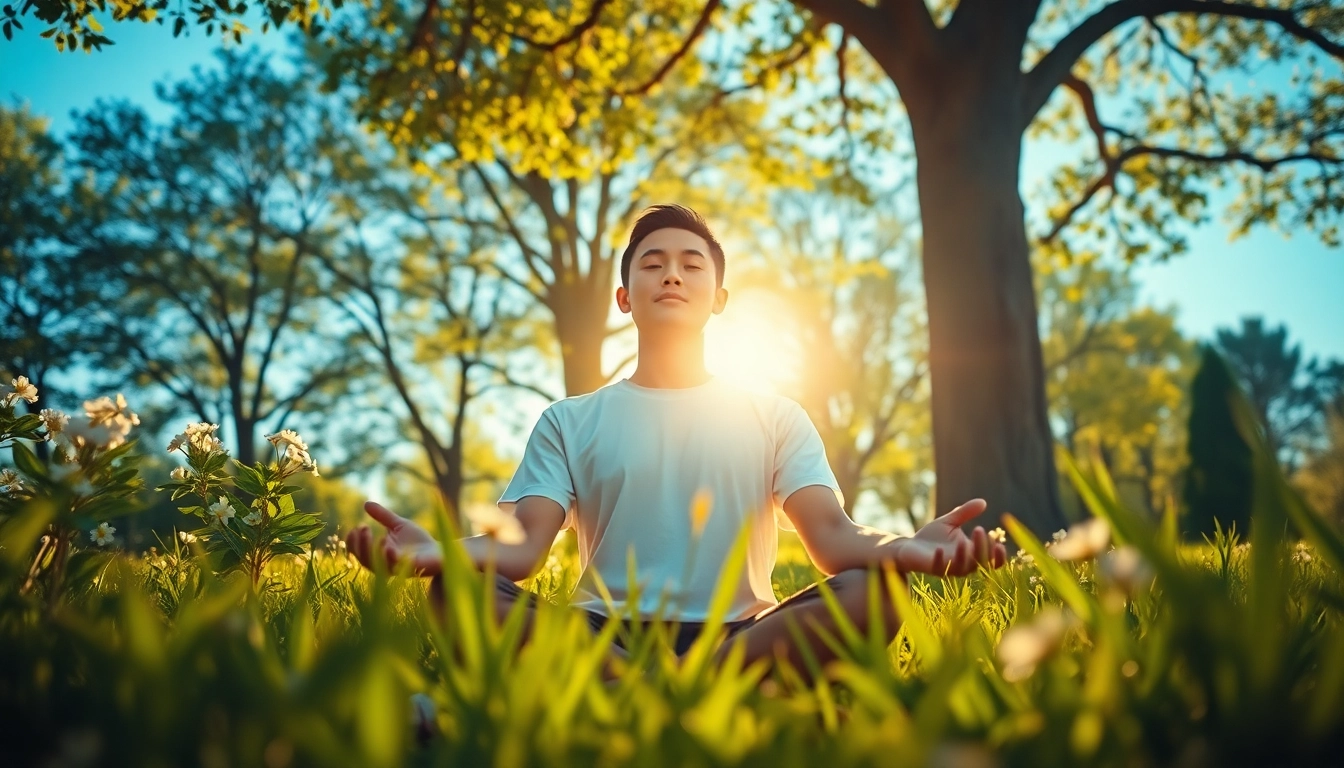 Meditating person in nature, showcasing relief from anxiety through tranquility and peace.