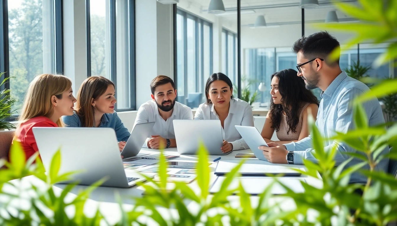 Team collaborating in a cannabis marketing agency office, showcasing creativity and professionalism.