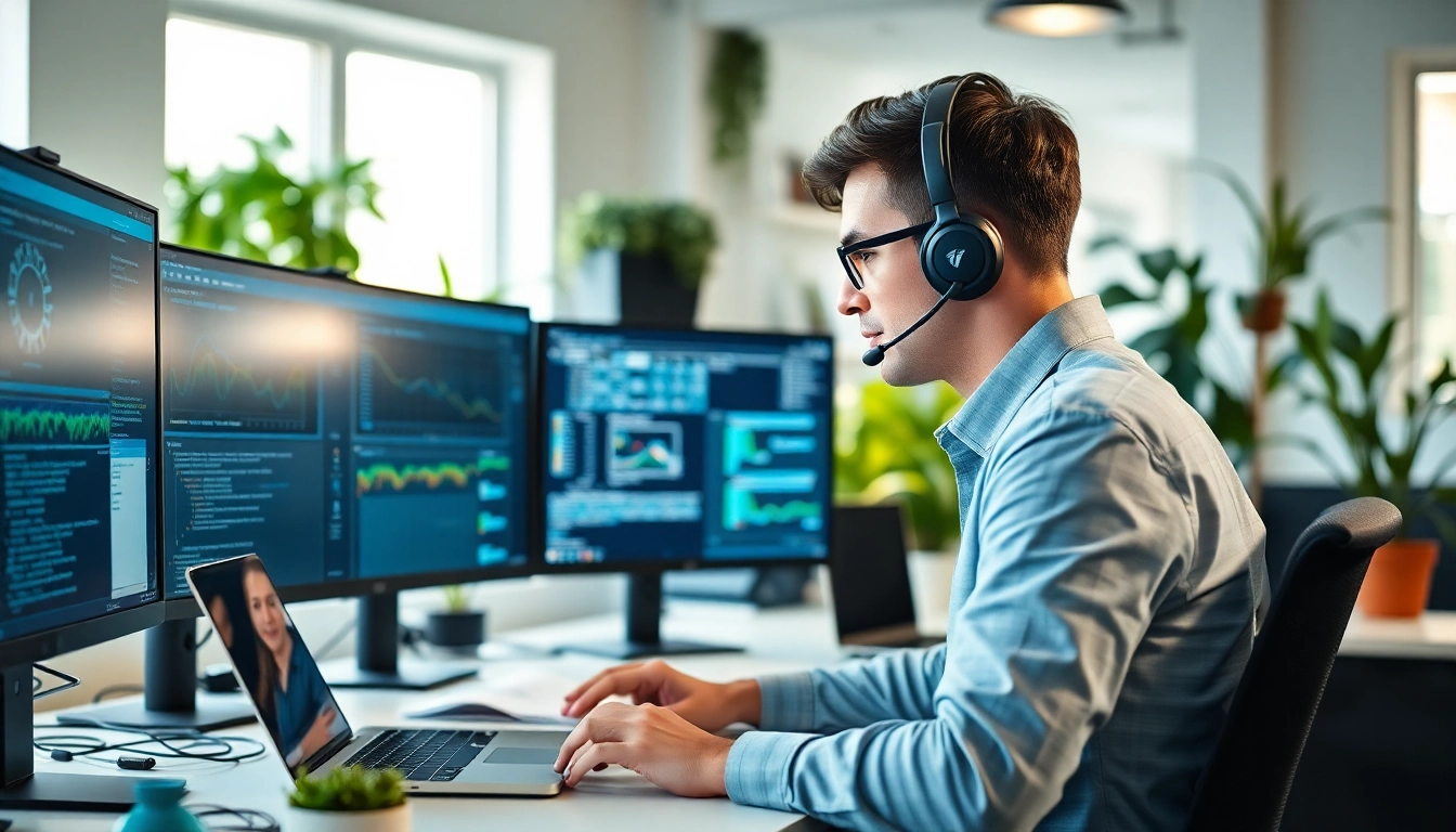 Providing computer it support with a focused technician at a modern workspace, surrounded by technical equipment.