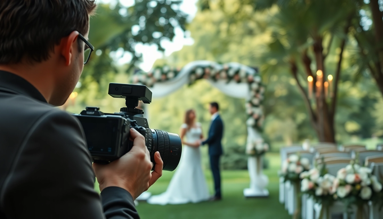 Edmonton videographer skillfully capturing an outdoor wedding scene with lush greenery.