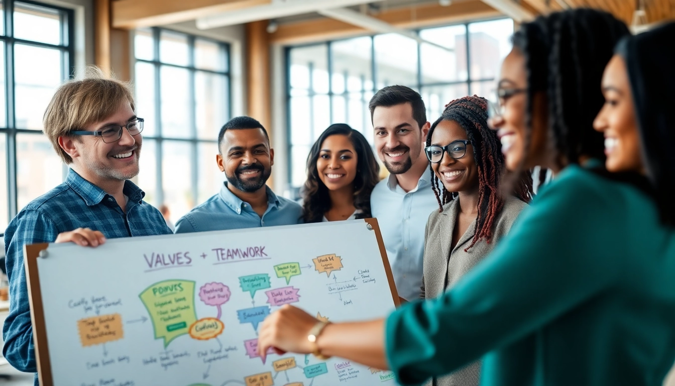 Capture the essence of Callzent Culture through a vibrant team collaboration in a modern workspace.