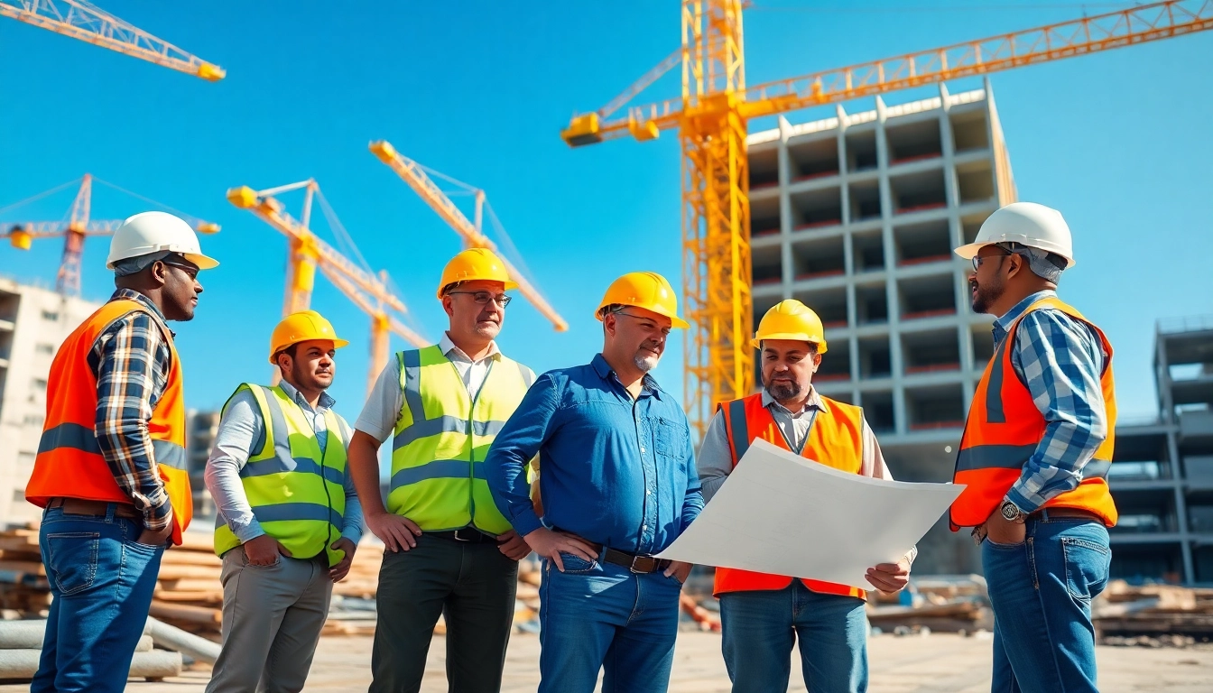 Engaged professionals at a construction site representing the construction association denver actively discuss project plans.