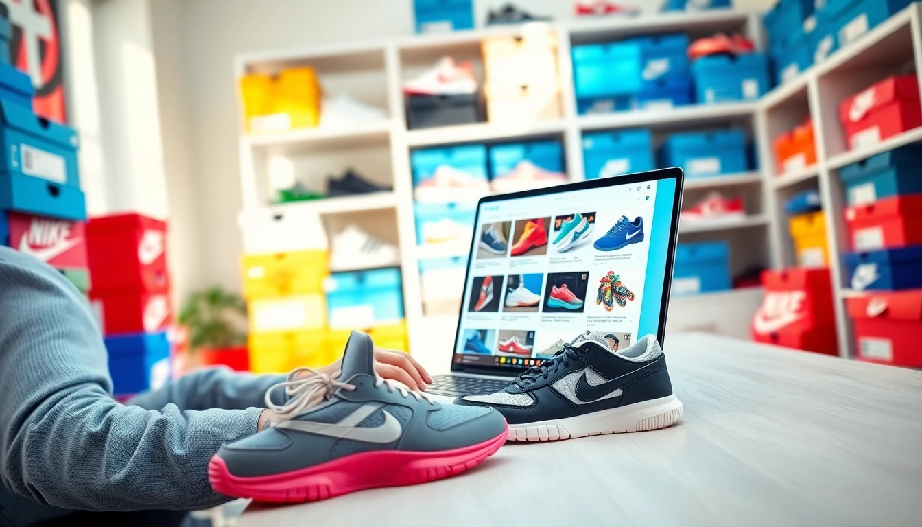 Motivated entrepreneur earn money selling sneakers online in a bright home office with colorful sneaker boxes.
